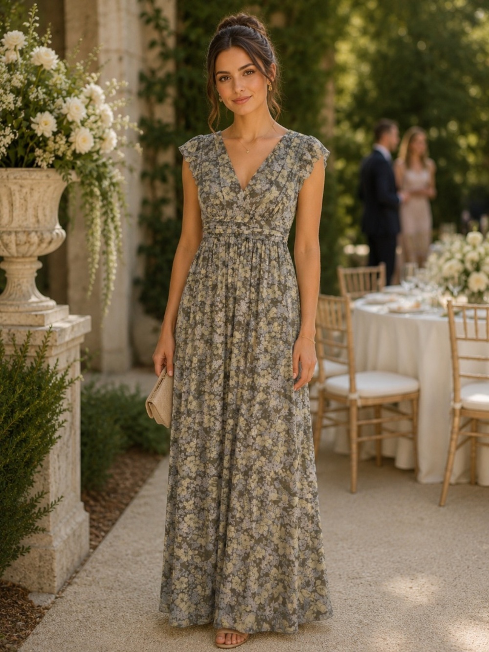 Manchu maxi formal dress S chiffon slit yellow/blue wedding guest prom grad